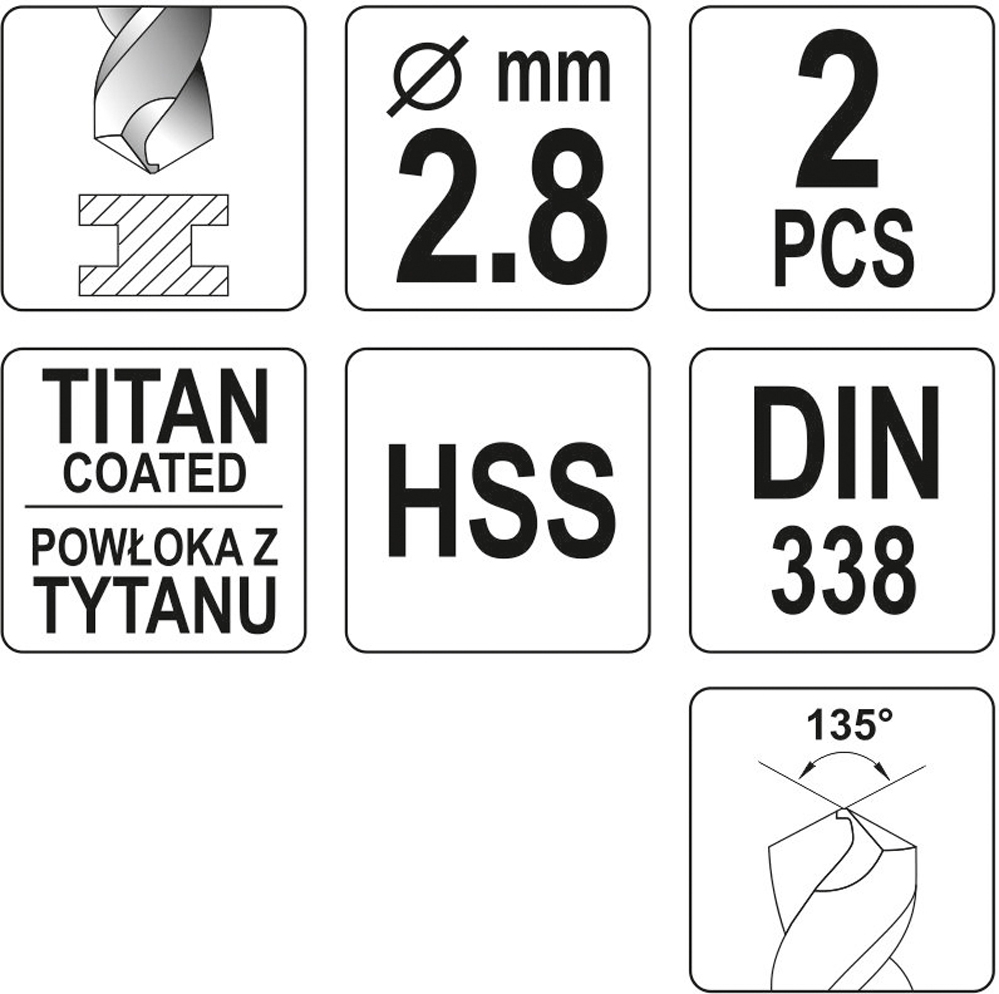 WIERTŁO DO METALU HSS-TiN 2,8 MM - 2 SZT